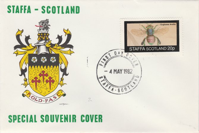 Staffa 1982 Bees #2 (20p perf value) on special cover with first day cancel, stamps on insects     honey, stamps on bees