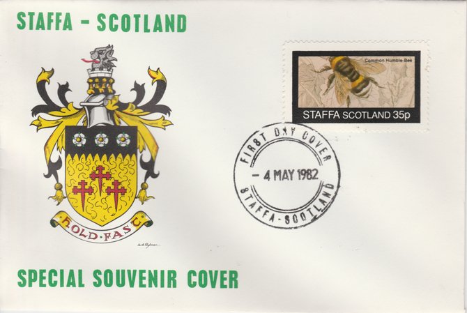 Staffa 1982 Bees #3 (35p perf value) on special cover with first day cancel, stamps on insects     honey, stamps on bees