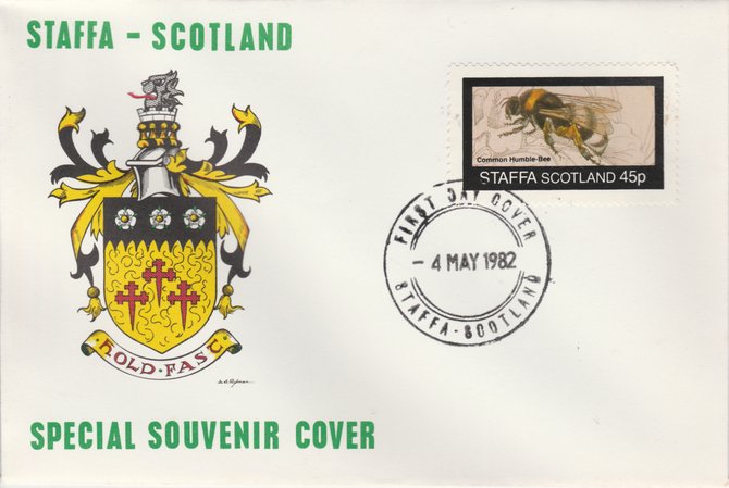Staffa 1982 Bees #4 (45p perf value) on special cover with first day cancel, stamps on insects     honey, stamps on bees