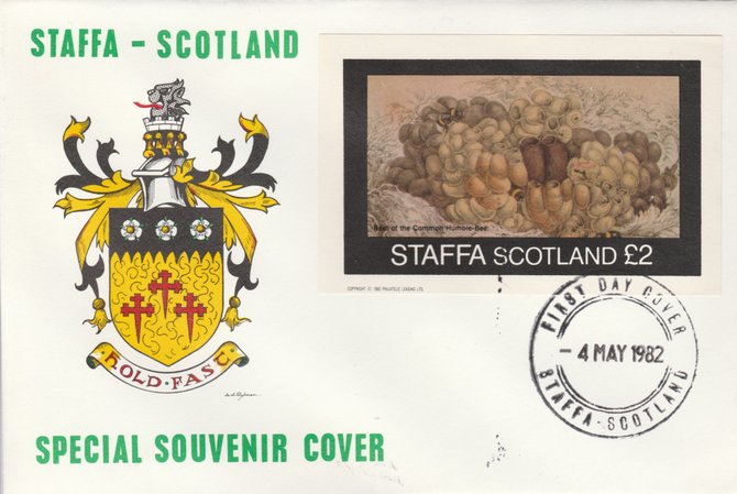 Staffa 1982 Bees - Bumble Bee nest (\A32 imperf deluxe sheet) on special cover with first day cancel, stamps on insects     honey, stamps on bees