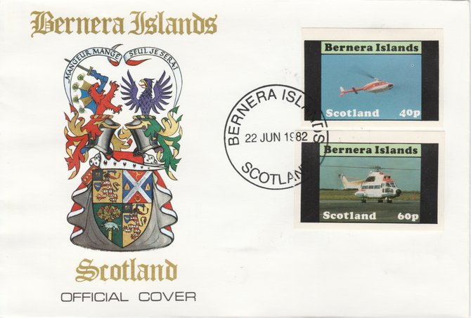 Bernera 1982 Helicopters #2 imperf set of 2 on special cover with first day cancel, stamps on aviation    helicopter