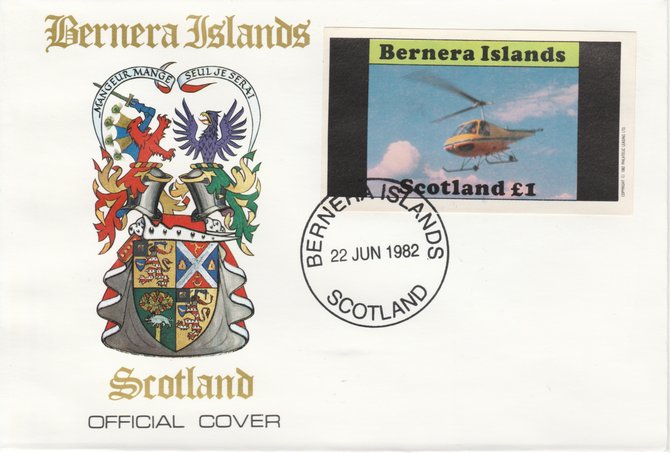 Bernera 1982 Helicopters #2 imperf souvenir sheet (\A31 value) on special cover with first day cancel, stamps on aviation    helicopter