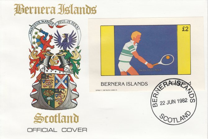Bernera 1982 Tennis imperf deluxe sheet (\A32 value) on special cover with first day cancel, stamps on sport   tennis