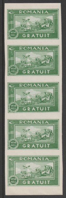 Rumania 1933 Free Postage imperf strip of 5 unmounted mint SG F1286, stamps on xxx