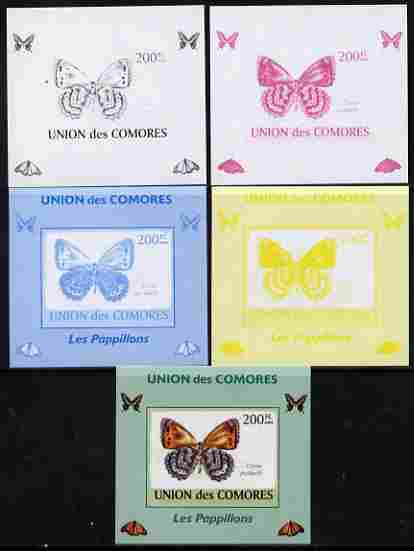 Comoro Islands 2009 Butterflies #5 individual deluxe sheet - the set of 5 imperf progressive proofs comprising the 4 individual colours plus all 4-colour composite, unmounted mint, stamps on butterflies