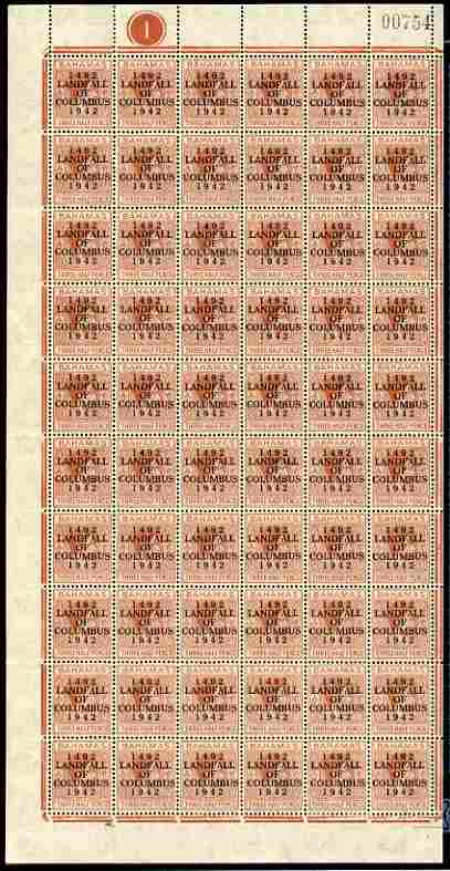 Bahamas 1942 KG6 Landfall of Columbus 1.5d red-brown complete left pane of 60 including plate varieties R7/2 (Broken H), R10/1 (Curved E), R10/6 (Damaged H & C) plus overprint varieties incl R10/2 (Flaw in O) etc, a few split perfs otherwise fine unmounted mint, stamps on , stamps on  kg6 , stamps on varieties, stamps on columbus, stamps on explorers