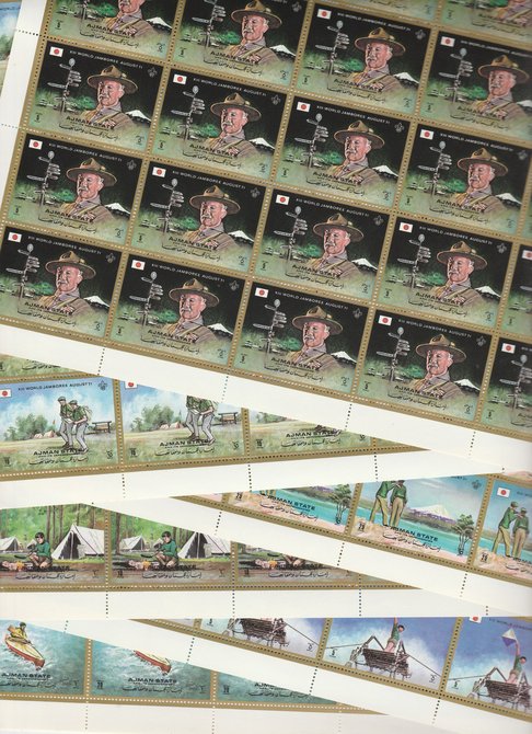 Ajman 1971 Scouts perf set of 6 in complete sheets of 25, superb unmounted mint, Mi 1047-52, stamps on scouts, stamps on mountains