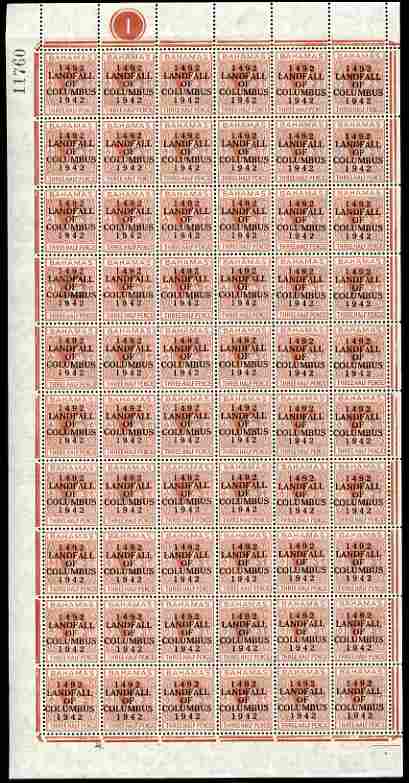 Bahamas 1942 KG6 Landfall of Columbus 1.5d red-brown complete left pane of 60 including plate varieties R7/2 (Broken H), R10/1 (Curved E), R10/6 (Damaged H & C) plus overprint varieties R1/2 (Flaw in N), R1/4 (Damaged top of L), R2/4 (Broken F), R3/2 (Flaw in second U), R8/2 (Flaw in S), R8/5 (Flaw in D), R8/6 (Broken 2) and R10/2 & R10/4 (Flaw on O) among others, a few split perfs otherwise fine unmounted mint, stamps on , stamps on  kg6 , stamps on varieties, stamps on columbus, stamps on explorers