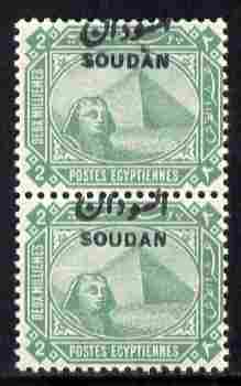 Sudan 1897 Overprint on 2m green vert pair with opt misplaced unmounted mint as SG 3, stamps on pyramids