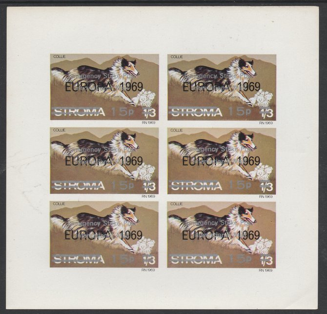 Stroma 1971 Dogs 15p on 1s3d (Collie) overprinted Emergency Strike Post for use on the British mainland unmounted mint complete imperf sheet of 6, stamps on dogs, stamps on collie, stamps on postal, stamps on cinderella, stamps on strike