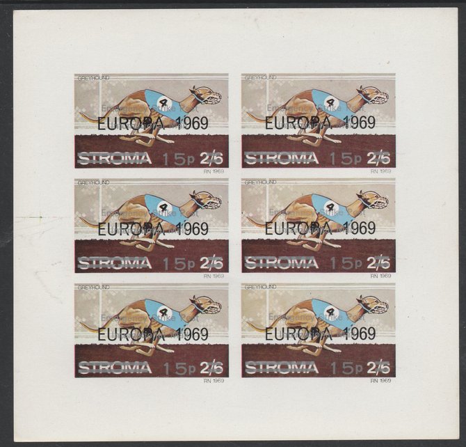 Stroma 1971 Dogs 15p on 2s6d (Greyhound)  overprinted 'Emergency Strike Post' for use on the British mainland unmounted mint complete imperf sheet of 6, stamps on dogs, stamps on greyhound, stamps on postal, stamps on cinderella, stamps on strike