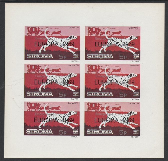 Stroma 1971 Dogs 5p on 5d (Dalmation) overprinted Emergency Strike Post for use on the British mainland unmounted mint complete imperf sheet of 6, stamps on dogs, stamps on dalmation, stamps on postal, stamps on cinderella, stamps on strike