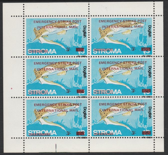 Stroma 1971 Fish 3s on 1s3d (Dogfish) overprinted Emergency Strike Post for use on the British mainland unmounted mint in complete perf sheetlet of 6, stamps on fish, stamps on marine life, stamps on strike