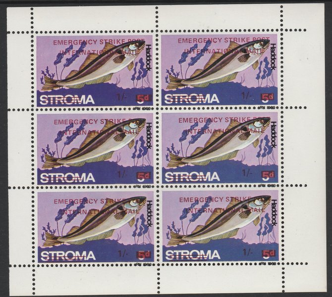 Stroma 1971 Fish 1s on 5d (Haddock) overprinted Emergency Strike Post for use on the British mainland unmounted mint in complete perf sheetlet of 6, stamps on fish, stamps on marine life, stamps on strike
