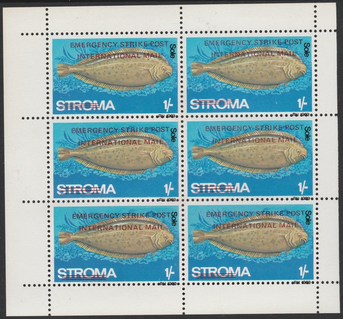 Stroma 1971 Fish 1s on 5d (Haddock) overprinted Emergency Strike Post for use on the British mainland unmounted mint in complete perf sheetlet of 6, stamps on fish, stamps on marine life, stamps on strike