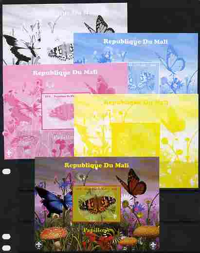 Mali 2010 Butterfles #4 s/sheet with Fungi & Scouts Logo  - the set of 5 imperf progressive proofs comprising the 4 individual colours plus all 4-colour composite, unmounted mint, stamps on butterflies, stamps on fungi, stamps on scouts