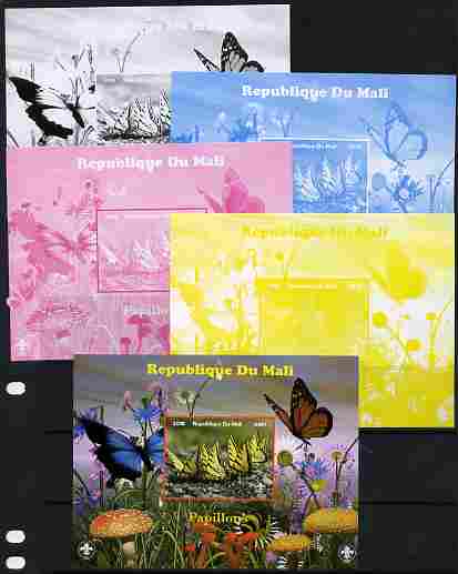 Mali 2010 Butterfles #5 s/sheet with Fungi & Scouts Logo  - the set of 5 imperf progressive proofs comprising the 4 individual colours plus all 4-colour composite, unmounted mint, stamps on , stamps on  stamps on butterflies, stamps on  stamps on fungi, stamps on  stamps on scouts
