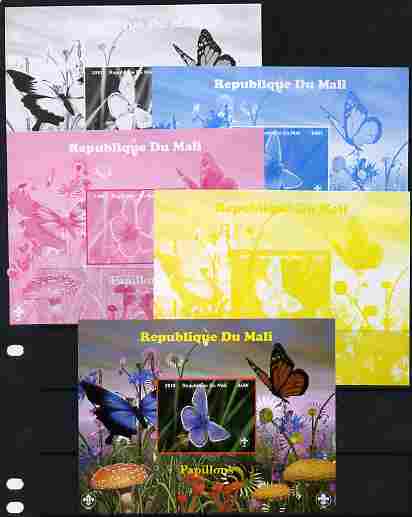 Mali 2010 Butterfles #7 s/sheet with Fungi & Scouts Logo  - the set of 5 imperf progressive proofs comprising the 4 individual colours plus all 4-colour composite, unmounted mint, stamps on butterflies, stamps on fungi, stamps on scouts