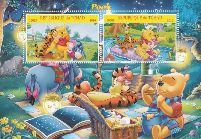 Chad 2016 Winnie the Pooh perf sheetlet containing 2 values unmounted mint. Note this item is privately produced and is offered purely on its thematic appeal. . , stamps on disney, stamps on bears, stamps on films, stamps on movies, stamps on cinema