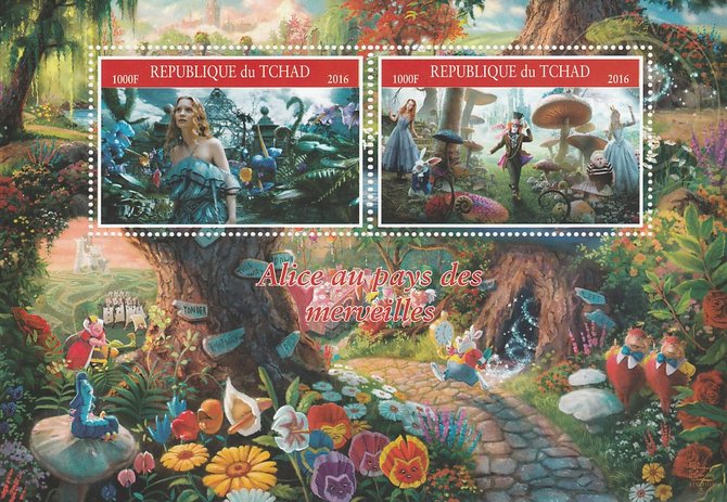 Chad 2016 Alice in Wonderland perf sheetlet containing 2 values unmounted mint. Note this item is privately produced and is offered purely on its thematic appeal. . , stamps on disney, stamps on films, stamps on movies, stamps on cinema