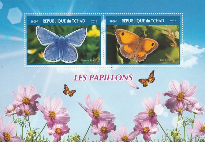 Chad 2016 Butterflies #1 perf sheetlet containing 2 values unmounted mint. Note this item is privately produced and is offered purely on its thematic appeal. . , stamps on butterflies