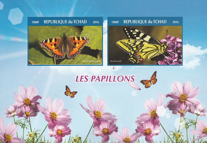 Chad 2016 Butterflies #2 imperf sheetlet containing 2 values unmounted mint. Note this item is privately produced and is offered purely on its thematic appeal. . , stamps on butterflies