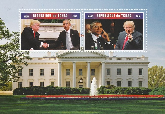 Chad 2016 Donald Trump & Barack Obama perf sheetlet containing 2 values unmounted mint. Note this item is privately produced and is offered purely on its thematic appeal...., stamps on personalities, stamps on usa presidents, stamps on obama, stamps on trump