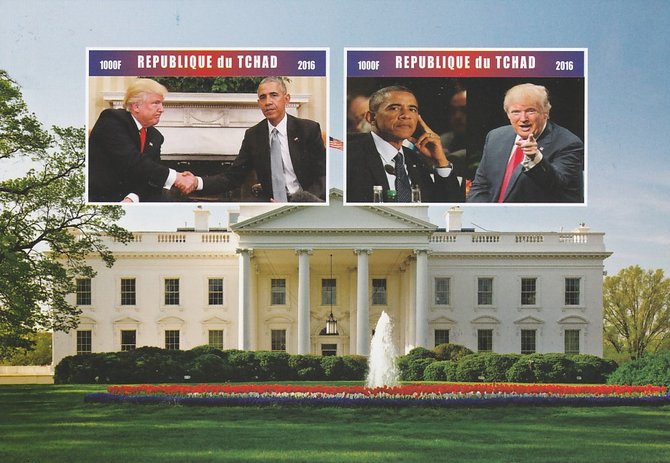 Chad 2016 Donald Trump & Barack Obama imperf sheetlet containing 2 values unmounted mint. Note this item is privately produced and is offered purely on its thematic appea..., stamps on personalities, stamps on usa presidents, stamps on obama, stamps on trump