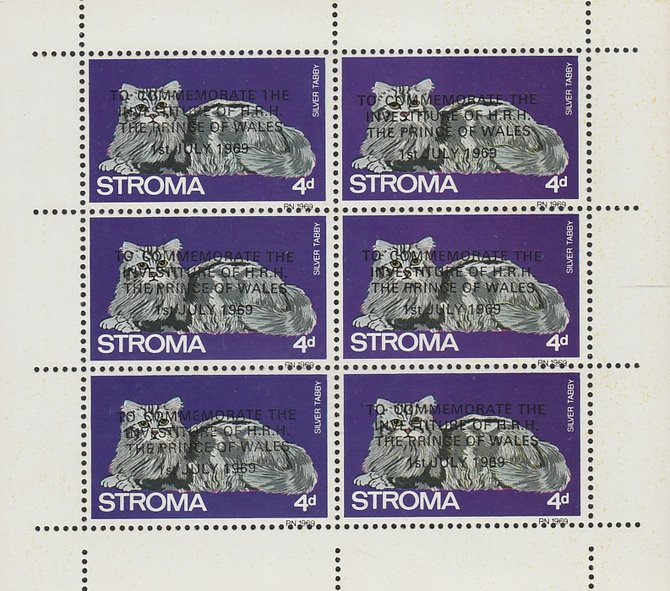 Stroma 1969 Cats 4d Silver Tabby opt'd for Investiture of Prince of Wales complete perf sheetlet of 6 unmounted mint, stamps on animals, stamps on cats, stamps on  royalty, stamps on charles, stamps on 