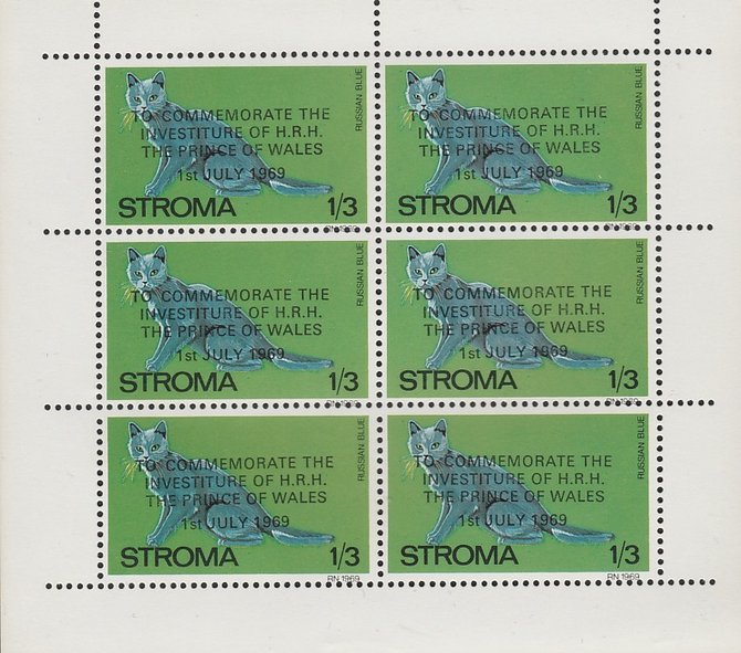 Stroma 1969 Cats 1s3d Russian Blue optd for Investiture of Prince of Wales complete perf sheetlet of 6 unmounted mint, stamps on animals, stamps on cats, stamps on  royalty, stamps on charles, stamps on 