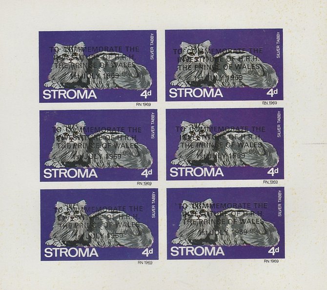 Stroma 1969 Cats 4d Silver Tabby optd for Investiture of Prince of Wales complete imperf sheetlet of 6 unmounted mint, stamps on animals, stamps on cats, stamps on  royalty, stamps on charles, stamps on 