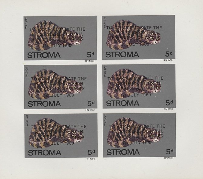 Stroma 1969 Cats 5d Wild Cat optd for Investiture of Prince of Wales complete imperf sheetlet of 6 unmounted mint, stamps on animals, stamps on cats, stamps on  royalty, stamps on charles, stamps on 