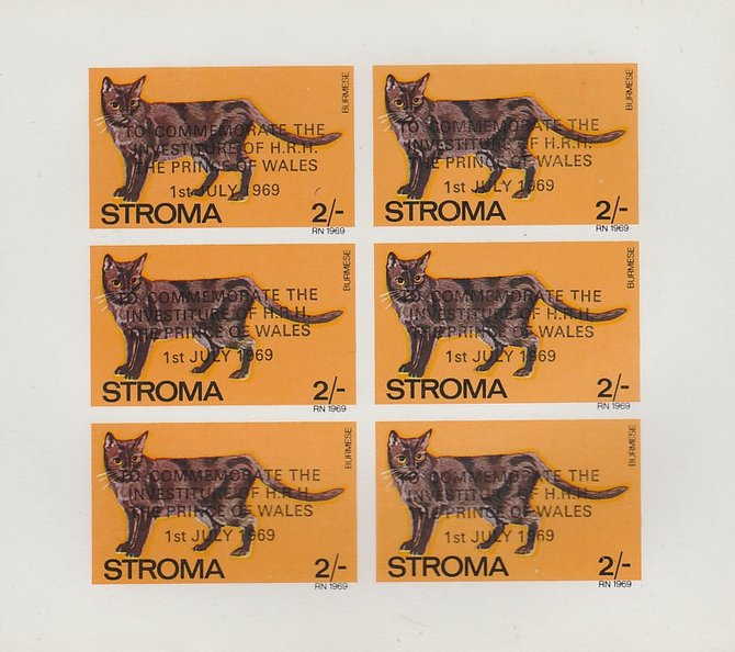 Stroma 1969 Cats 2s Burmese optd for Investiture of Prince of Wales complete imperf sheetlet of 6 unmounted mint, stamps on animals, stamps on cats, stamps on  royalty, stamps on charles, stamps on 