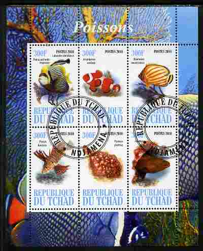 Chad 2010 Fish perf sheetlet containing 6 values fine cto used, stamps on fish