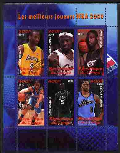 Congo 2010 The Best NBA Basketball Players of 2009 perf sheetlet containing 6 values fine cto used, stamps on sport, stamps on basketball