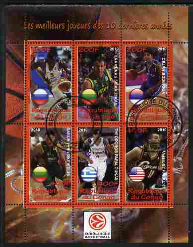 Congo 2010 The Best Euroleague Basketball Players of Decade perf sheetlet containing 6 values fine cto used, stamps on sport, stamps on basketball