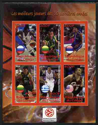 Congo 2010 The Best Euroleague Basketball Players of Decade imperf sheetlet containing 6 values unmounted mint, stamps on sport, stamps on basketball