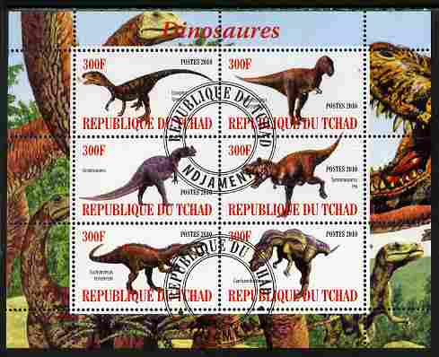 Chad 2010 Dinosaurs #1 perf sheetlet containing 6 values fine cto used, stamps on animals, stamps on dinosaurs