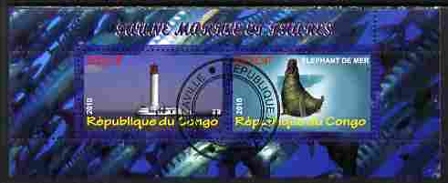 Congo 2010 Lighthouses & Marine Fauna #4 perf sheetlet containing 2 values fine cto used, stamps on lighthouses, stamps on marine life, stamps on animals, stamps on seals