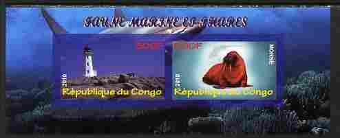 Congo 2010 Lighthouses & Marine Fauna #5 imperf sheetlet containing 2 values unmounted mint, stamps on lighthouses, stamps on marine life, stamps on animals, stamps on walrus