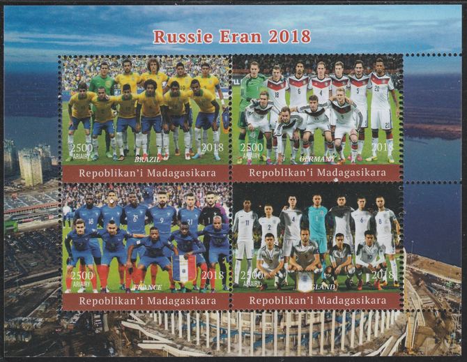 Madagascar 2018 Football World Cup - (Brazil, Germany, France & England) perf sheetlet containing 4 values unmounted mint. Note this item is privately produced and is offered purely on its thematic appeal., stamps on , stamps on  stamps on football