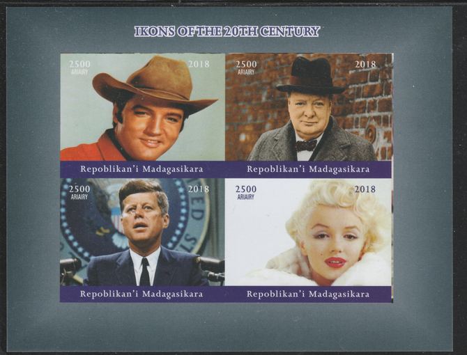 Madagascar 2018 Icons of 20th Century (Elvis, Churchill, Kennedy & Marilyn) imperf sheetlet containing 4 values unmounted mint. Note this item is privately produced and is offered purely on its thematic appeal., stamps on , stamps on  stamps on personalities, stamps on  stamps on elvis, stamps on  stamps on music, stamps on  stamps on churchill, stamps on  stamps on kennedy, stamps on  stamps on marilyn