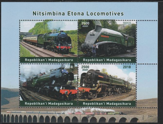 Madagascar 2018 Steam Locomotives perf sheetlet containing 4 values unmounted mint. Note this item is privately produced and is offered purely on its thematic appeal., stamps on , stamps on  stamps on railways