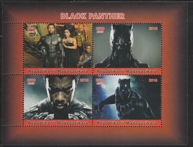Madagascar 2018 Black Panther perf sheetlet containing 4 values unmounted mint. Note this item is privately produced and is offered purely on its thematic appeal., stamps on black panther, stamps on films, stamps on cinema, stamps on sci-fi, stamps on movies