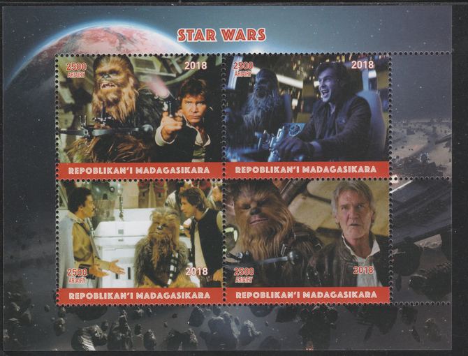 Madagascar 2018 Star Wars perf sheetlet containing 4 values unmounted mint. Note this item is privately produced and is offered purely on its thematic appeal., stamps on star wars, stamps on films, stamps on cinema, stamps on sci-fi, stamps on movies