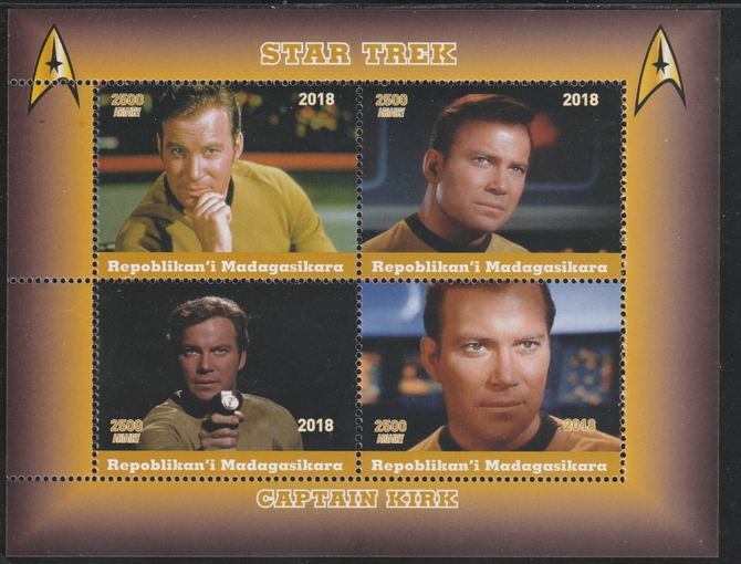 Madagascar 2018 Star Trek - Captain Kirk perf sheetlet containing 4 values unmounted mint. Note this item is privately produced and is offered purely on its thematic appeal., stamps on star trek, stamps on films, stamps on cinema, stamps on sci-fi, stamps on movies