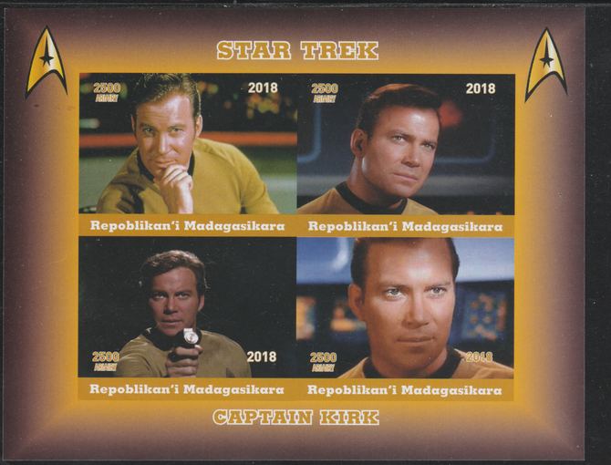 Madagascar 2018 Star Trek - Captain Kirk imperf sheetlet containing 4 values unmounted mint. Note this item is privately produced and is offered purely on its thematic appeal., stamps on star trek, stamps on films, stamps on cinema, stamps on sci-fi, stamps on movies