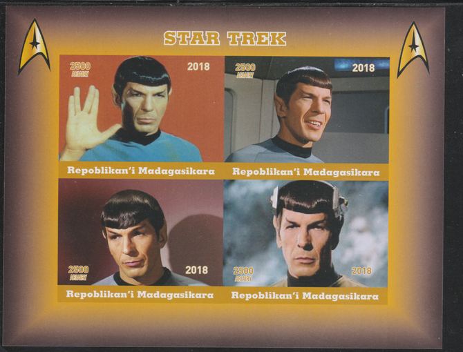 Madagascar 2018 Star Trek - Spok imperf sheetlet containing 4 values unmounted mint. Note this item is privately produced and is offered purely on its thematic appeal., stamps on star trek, stamps on films, stamps on cinema, stamps on sci-fi, stamps on movies