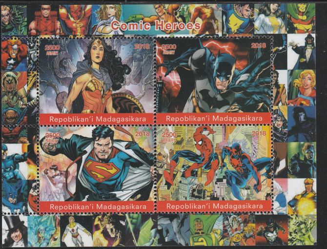 Madagascar 2018 Comic Heroes #2 perf sheetlet containing 4 values unmounted mint. Note this item is privately produced and is offered purely on its thematic appeal., stamps on films, stamps on cinema, stamps on sci-fi, stamps on movies, stamps on superman, stamps on wonder woman, stamps on spiderman, stamps on batman