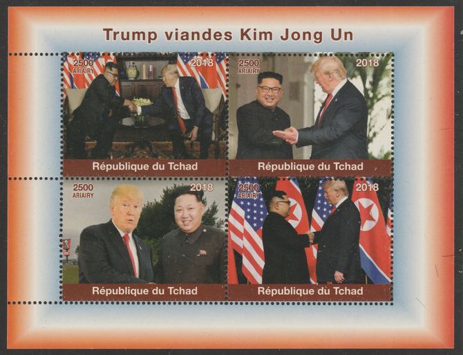 Chad 2018 Trump meets Kim Jong Un perf sheetlet containing 4 values unmounted mint. Note this item is privately produced and is offered purely on its thematic appeal, it has no postal validity, stamps on personalities, stamps on trump, stamps on usa presidents, stamps on americana